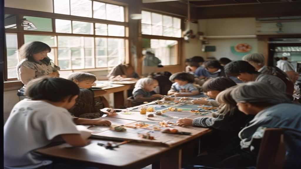 多世代が長机を囲んで一緒に手づくりに取り組む交流活動