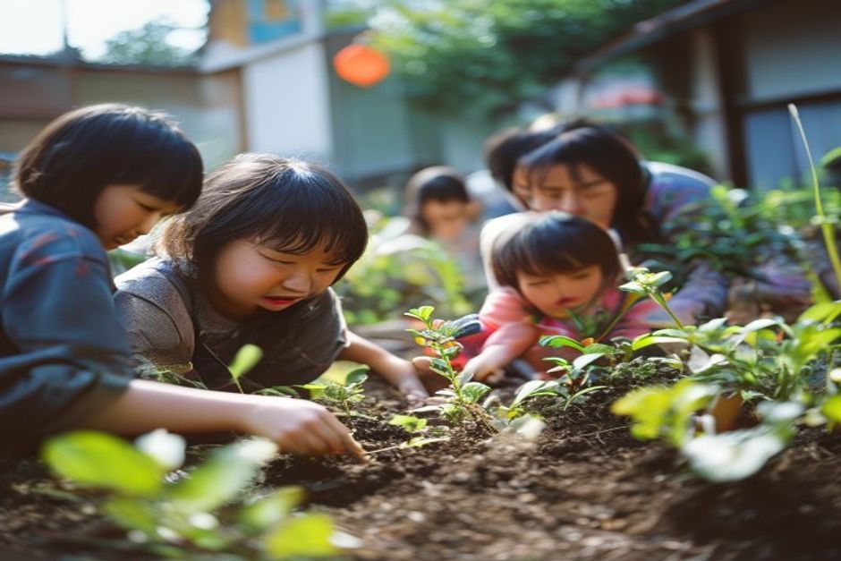 子どもと大人が屋外で一緒に苗を土に植える自然体験